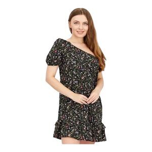 French Grey Black Floral Sleeveless One Shoulder Dress Women's Size Medium